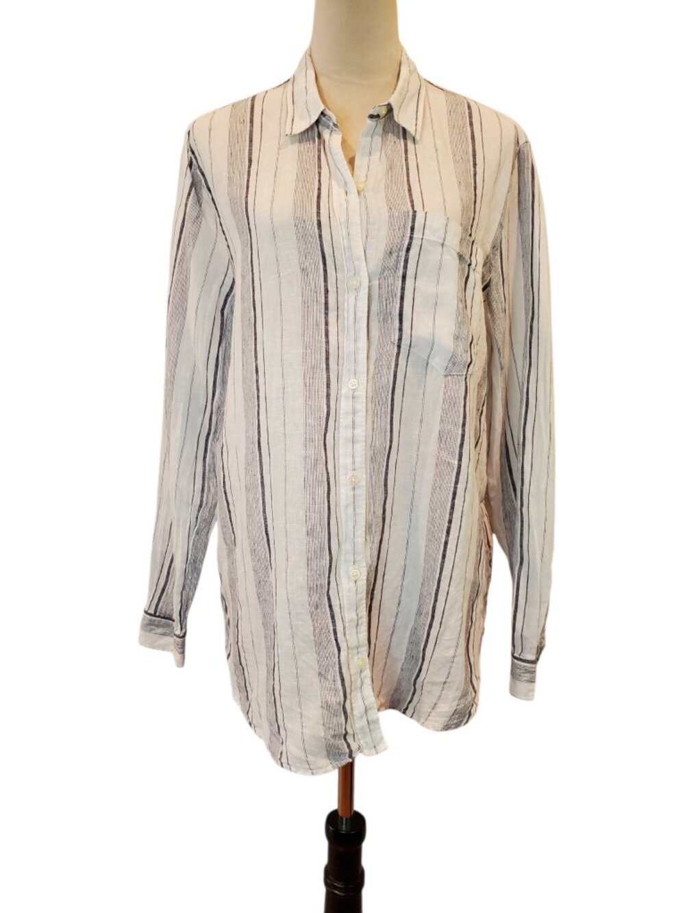 GAP SZ L Women's Boyfriend Fit Striped Shirt 100% Linen Off-white & blue/gray